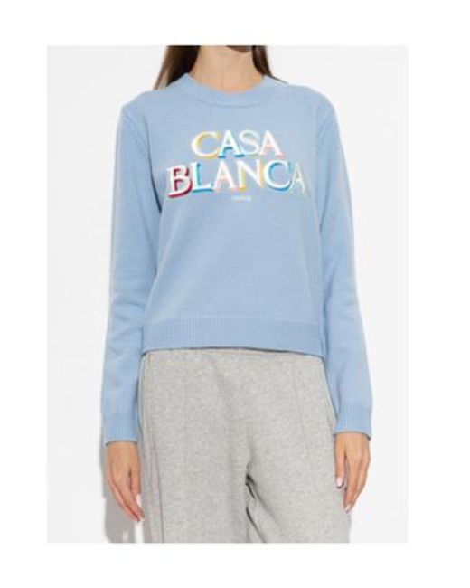 Casablanca Blue Logo Embroidered Cropped Knit Sweater