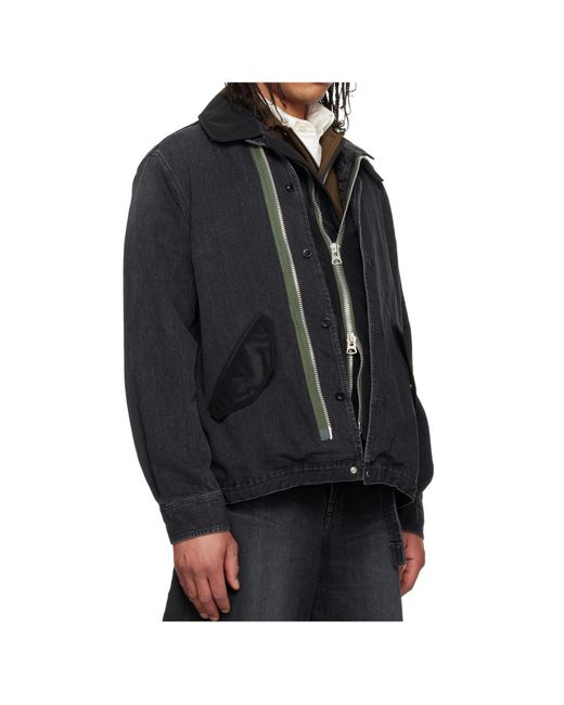 Sacai Black Panelled Zip Denim Jacket for men