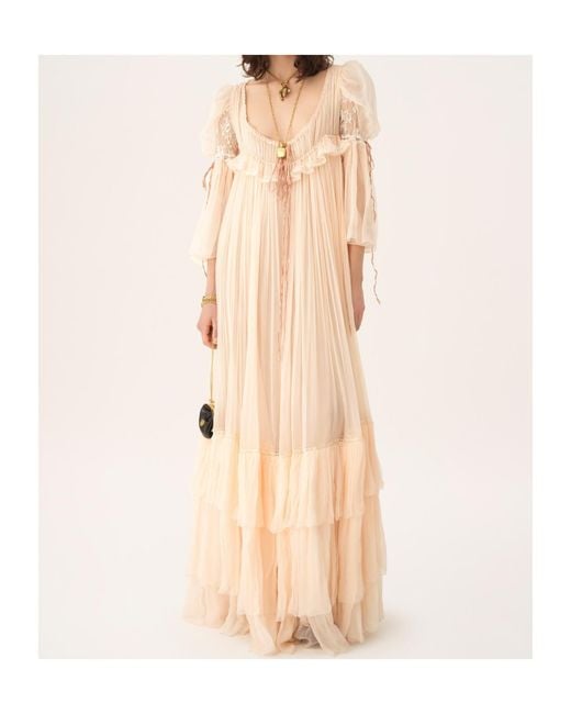 Chloé Natural Oversized Long Ruffled Tulle Dress