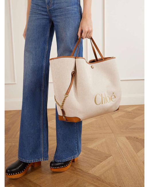 Chloé Natural Chloé Large Logo Canvas Shoulder Bag