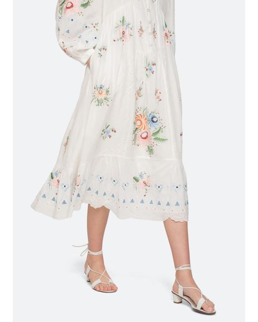 Sea White Serafina Floral-Embroidered Ruffled Midi Dress