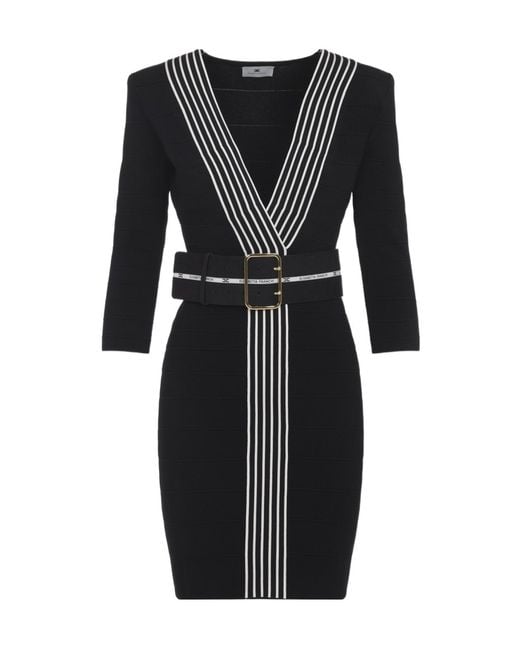 Elisabetta Franchi Black Knitted Belted Mini Dress