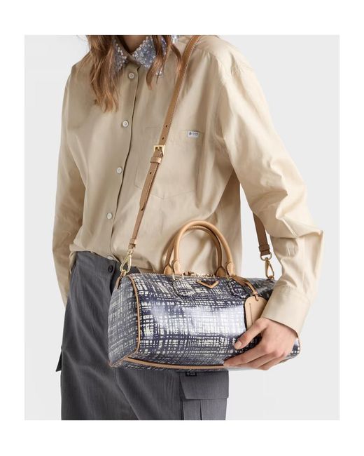 Prada Blue Medium Linen Blend And Leather Top-Handle Bag