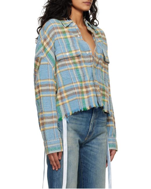 R13 Blue Check Pattern Cropped Fringed Work Shirt