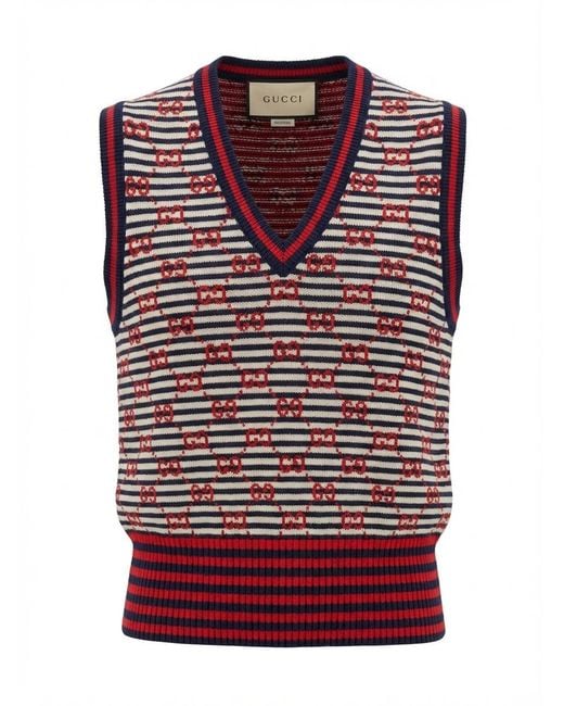 Gucci Red Gg Supreme Embroidery Wool Vest
