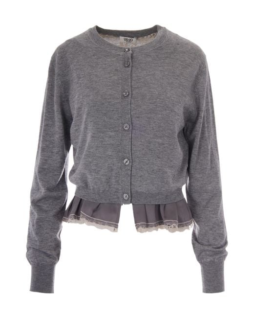 Liu Jo Gray Ruffled Buttoned Cardigan