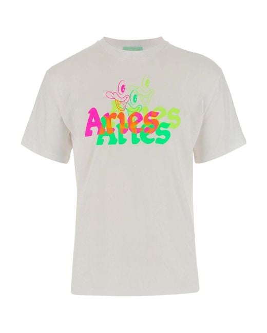 Aries White Logo Printed Crewneck T-Shirt for men