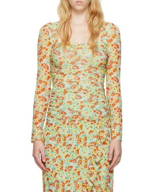 Ganni Green Floral Printed Square Neck Top