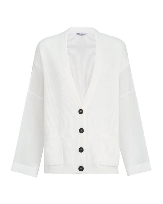 Brunello Cucinelli White Organza Sleeved Ribbed Cardigan