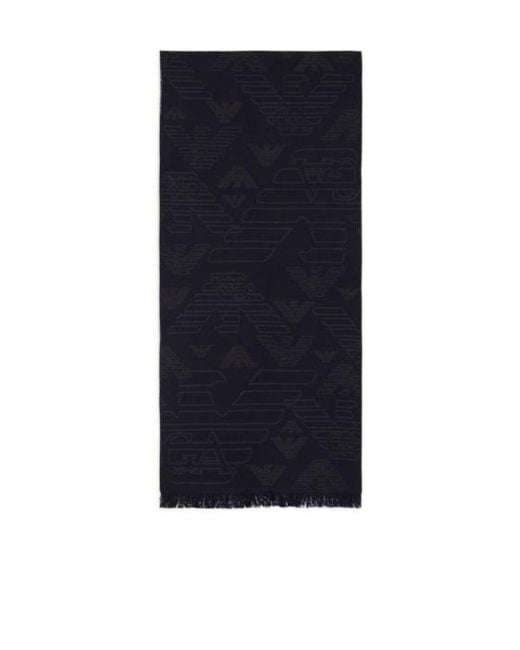 Emporio Armani Blue Logo Embroidered Frayed Edge Knitted Scarf for men
