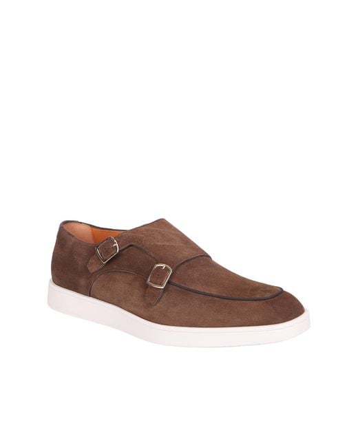 Santoni Brown Double Buckle Slip-On Loafers for men