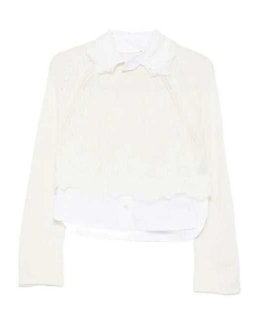 Ermanno Scervino White Lace Trim Layered-Effect Knitted Sweater