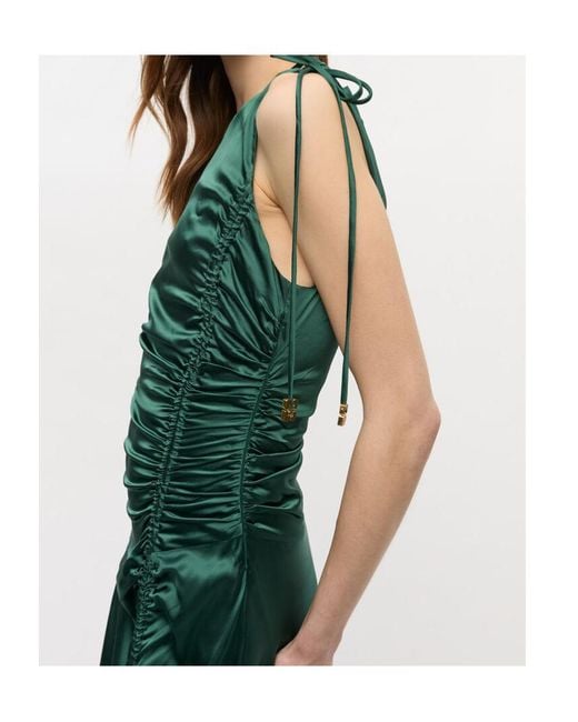 Ganni Green Satin Gathered Dress