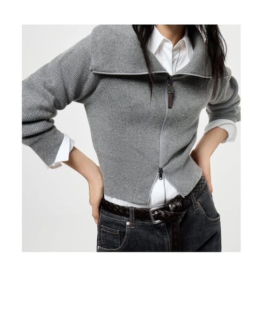 Brunello Cucinelli Gray Cashmere And Alpaca Blend English Ribbed Cardigan