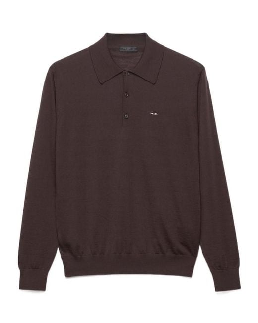 Prada Brown Long-Sleeved Superfine Wool Polo Sweater for men