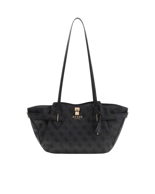 Guess Black Yesba Monogram-Pattern Buckle-Detail Tote Bag
