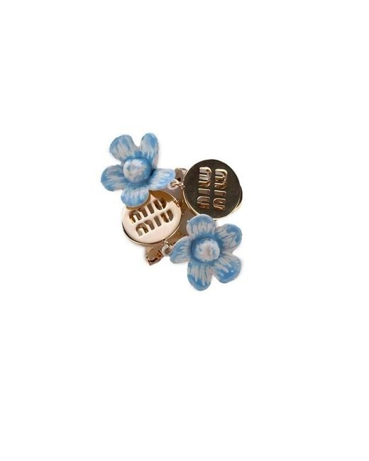 Miu Miu White Flower-Pendant Logo-Plaque Earrings