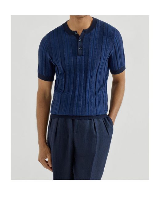 Brunello Cucinelli Blue Jacquard-Textured Rib-Knit Button-Fastening Polo Shirt for men