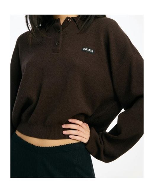 ROTATE BIRGER CHRISTENSEN Brown Long Sleeved Cropped Knit Polo Shirt