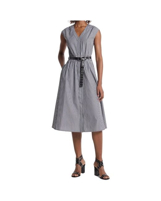 MICHAEL Michael Kors Gray Striped Poplin Belted Midi Dress
