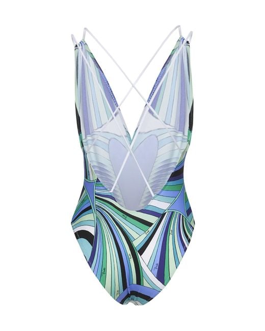 Emilio Pucci Blue Pucci Iride V-Neck Swimsuit