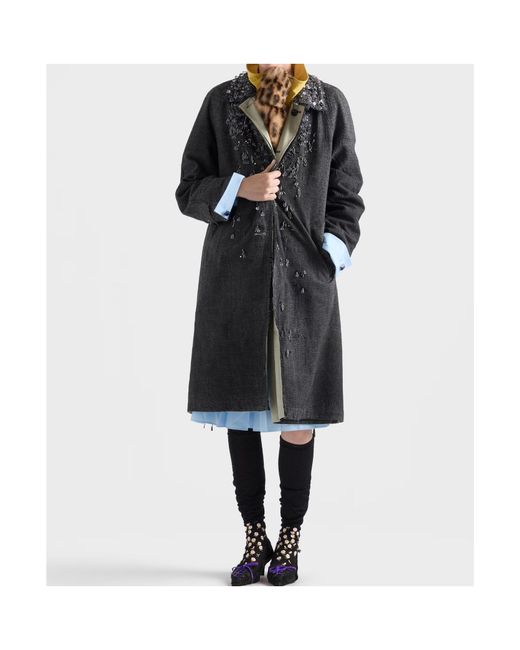 Prada Black Single-Breasted Mouliné Prince Of Wales Check And Embroidered Twill Coat