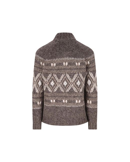 Brunello Cucinelli Brown Fairisle-Pattern Cardigan