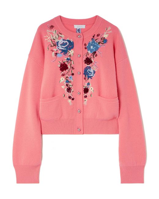 Rabanne Pink Embroidered Crystal-Embellished Wool And Cashmere Blend Cardigan