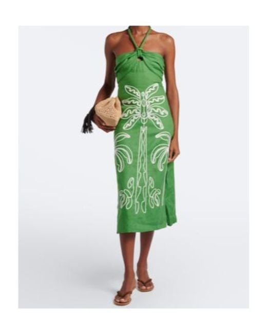 Farm Rio Green Embroidered Halterneck Linen Midi Dress