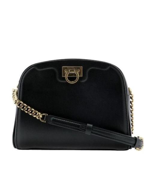 Ferragamo Black Gancini Detail Embossed Cross-Body Bag