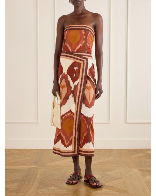 Johanna Ortiz Orange Palmtree Print Strapless Midi Dress