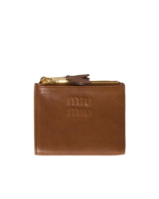 Miu Miu Brown Logo Embossed Zipped Wallet