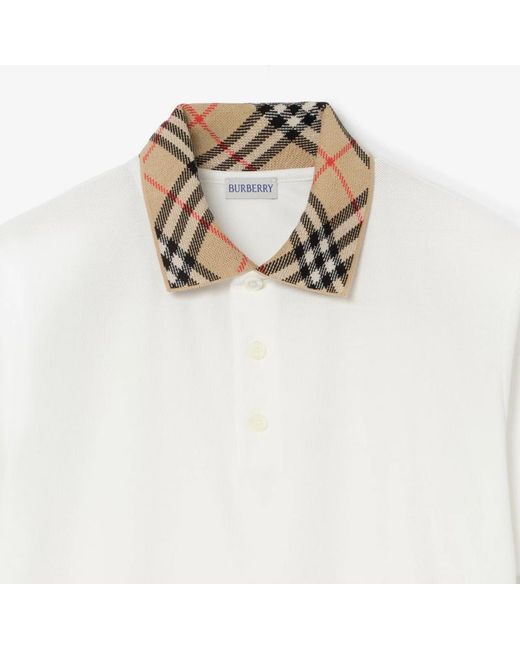 Burberry White Check Collar Cotton Polo Shirt for men