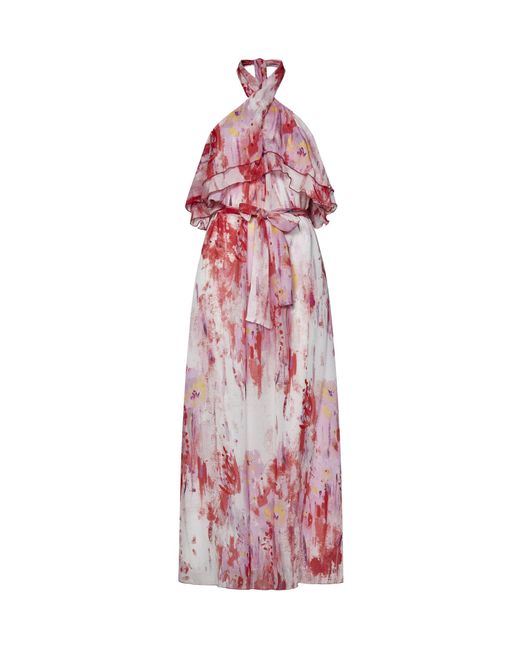MSGM Pink Floral Printed Halterneck Midi Dress