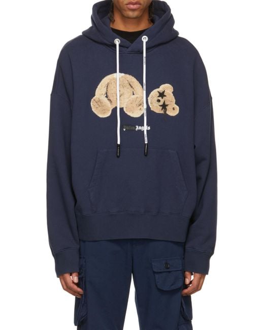 Palm Angels Blue Spray Bear-Motif Hoodie for men