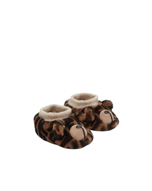 Fendi Brown Shearling Baby Slippers With Logo