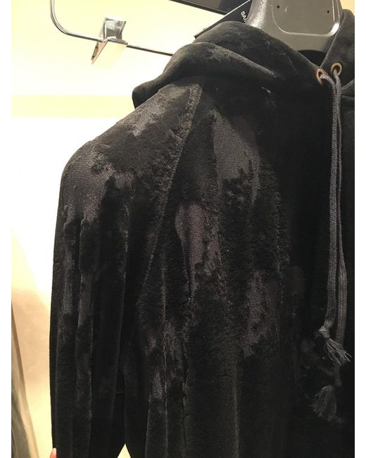 Saint Laurent Black Distressed Effect Drawstring Velvet Hoodie for men