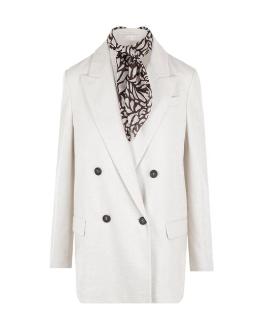 Brunello Cucinelli White Scarf Detailed Tailored Blazer
