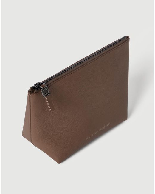 Brunello Cucinelli Brown Grained Calfskin Pouch With Shiny Zipper Pull