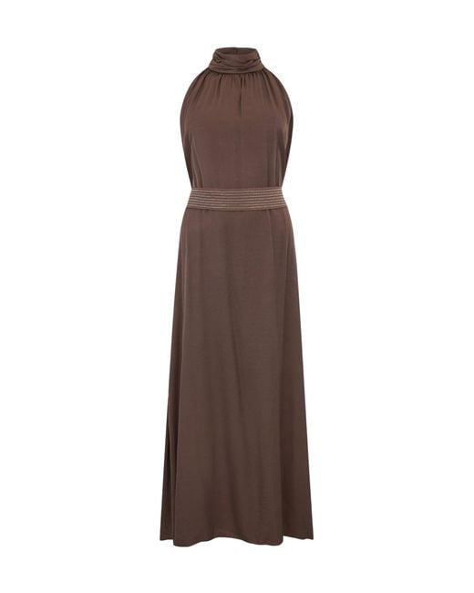 Peserico Brown Tied-Waist High-Neck Sleeveless Dress