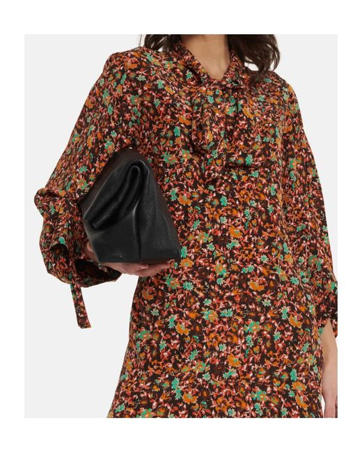 Victoria Beckham Brown Floral Silk Midi Dress With Tie-Neck