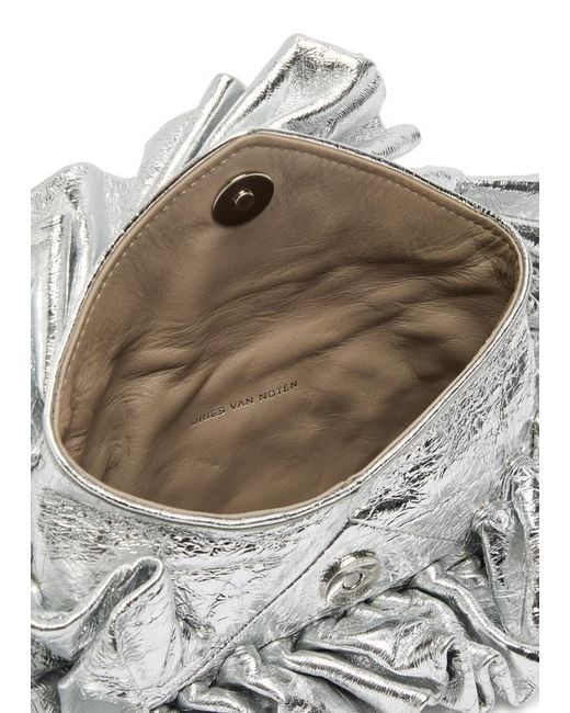 Dries Van Noten Ruffled Crinkled Metallic Leather Clutch