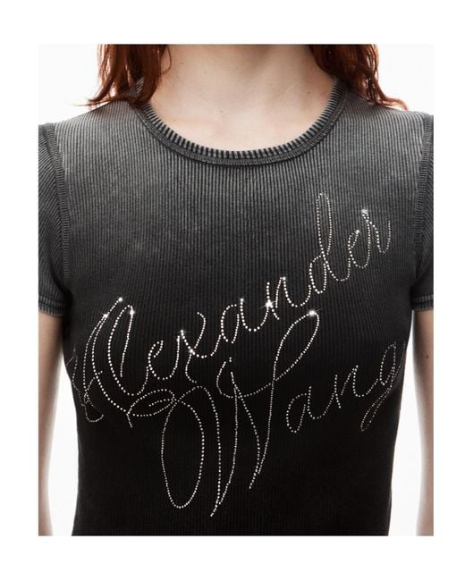 Alexander Wang Gray Hotfix Cursive-Logo Crewneck T-Shirt