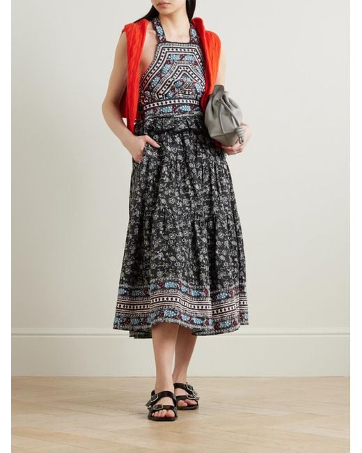 Sea Multicolor Everly Ruffled Embroidered Floral-Print Cotton Halterneck Midi Dress