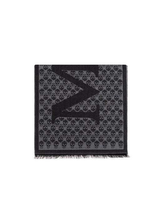 McQueen Black Skull Jacquard Frayed-Edge Scarf for men