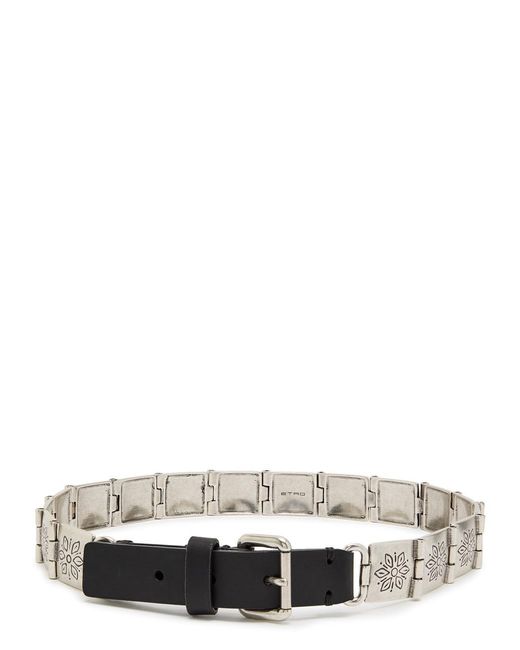 Etro White Engraved-Link Leather Belt