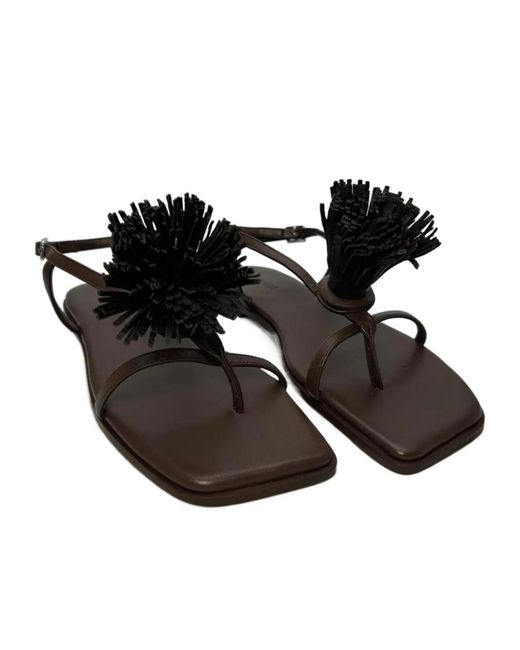 Vic Matié Black Fringed-Pom-Pom Flat Sandals