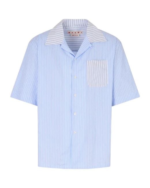 Marni Blue Striped-Pattern Short-Sleeved Shirt for men