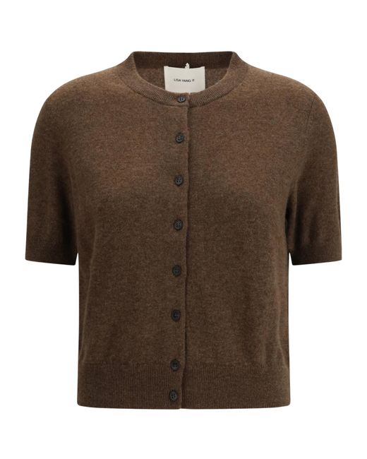 Lisa Yang Brown Marene Button-Up Crewneck Cardigan