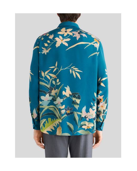 Etro Blue Floral Print Collared Button-Up Shirt for men